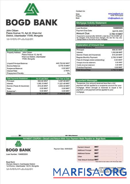 Printable Mongolia Bogd Bank mortgage statement Word and PDF template